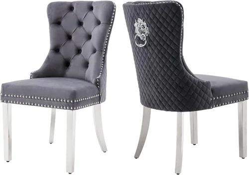 Vista 40 de KCC Juego de 2 sillas de comedor tapizadas de terciopelo, modernas sillas capitoné con botones con anillo de cabeza de león y patas de acero
