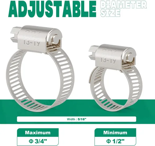 Vista 2 de OURU - Juego de 24 abrazaderas de manguera de acero inoxidable ajustables de 1/2"– 3/4" (13-19mm) con engranaje sinfín, abrazaderas de manguera