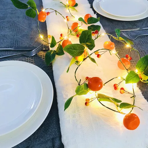 Vista 23 de Vid de mandarina con tira de luces LED, vid artificial de bayas de Kumquat de 6.6 ft, 1 cadena de 20 luces LED, funciona con pilas, decoración Vid