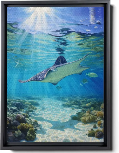 Nautical Print on Canvas for Wall Decor, Ocean Fish Manta Ray Canvas Wall Art, Beach Print for Wall Hang, Turquoise Coastal Pictures Wall Decor,