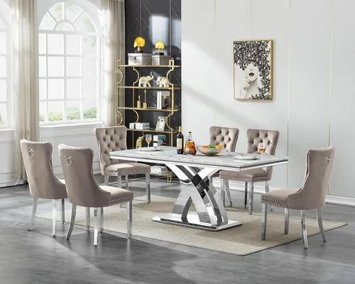 Vista 16 de Mesa de comedor de mármol blanco y dorado de 68.11 pulgadas con 6 sillas de comedor de terciopelo beige, juego de mesa de comedor de mármol Mesa