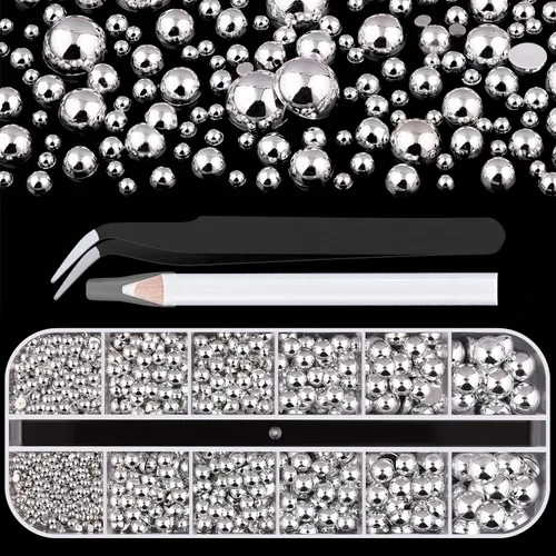 Vista 10 de Kit de 2700 perlas con parte trasera plana, 1 caja de color blanco con parte trasera plana + 1 caja de perlas pequeñas de color beige medio redondo