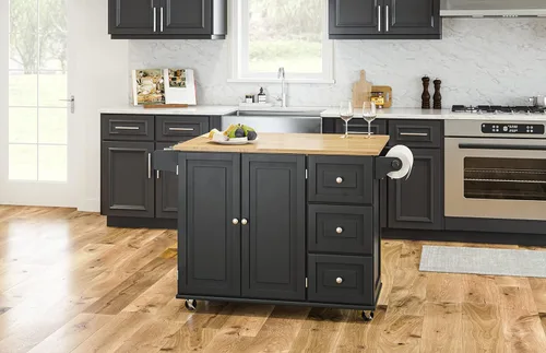 Vista 3 de Homestyles Dolly Madison Carrito de Isla de Cocina Móvil Negro con Barra de Desayuno de Hoja Plegable de Madera