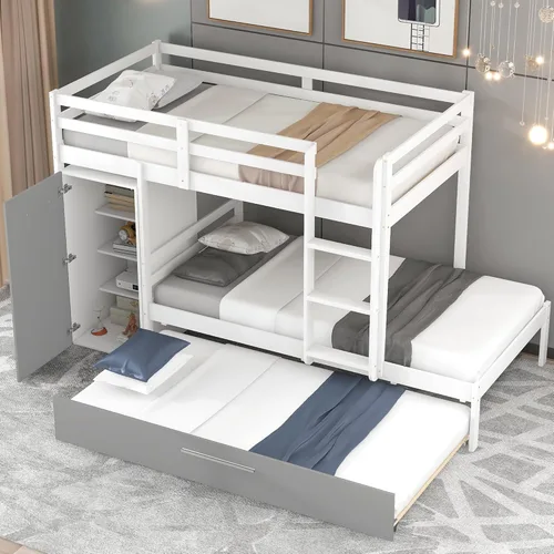 Vista 57 de Elegante litera individual sobre matrimonial con escaleras y barandillas de seguridad, la cama de plumón se puede convertir en sofá cama