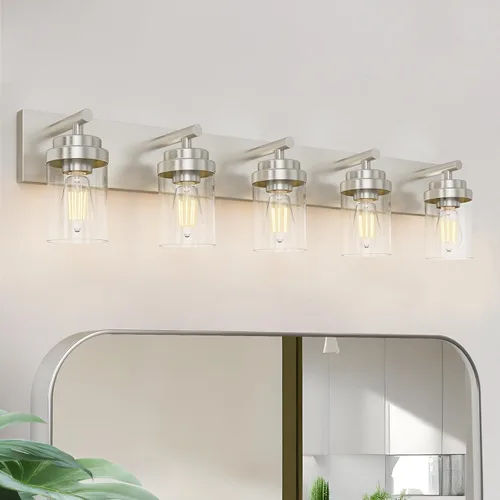 Vista 29 de IZORRO Lámpara de tocador de baño, 3 luces de 22 pulgadas, color negro mate, con pantalla de vidrio transparente, luces modernas de tocador