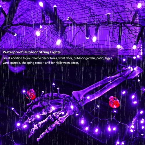 Vista 3 de Guirnalda de 400 luces LED moradas de Halloween, 19.7 pies, 8 modos, impermeable, para interiores y exteriores, Halloween, Navidad, guirnalda