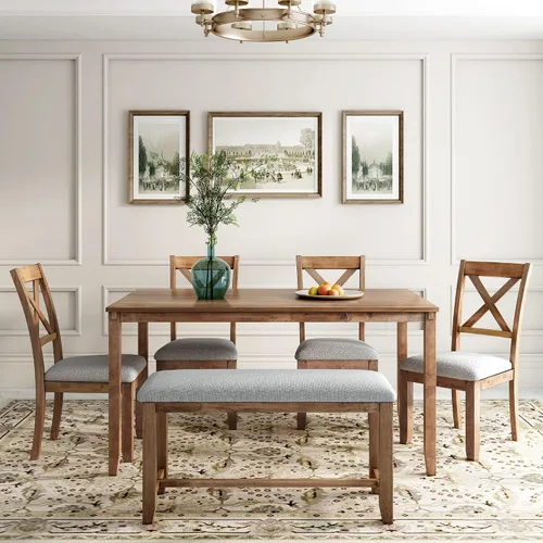 Vista 21 de Juego de mesa de comedor de madera de 60 pulgadas de largo con cajones pequeños, banco y 4 sillas de diseño ergonómico, juego de mesa de comedor