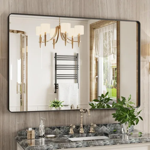 Vista 27 de JISOSO - Espejo de baño negro de 20x30 pulgadas con marco de metal negro, espejo de tocador rectangular redondeado con acabado mate para pared