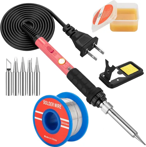 Vista 13 de Kit de soldador de 60 W y 110 V, temperatura ajustable, con puntas de hierro, soporte, esponja, alambre para soldar
