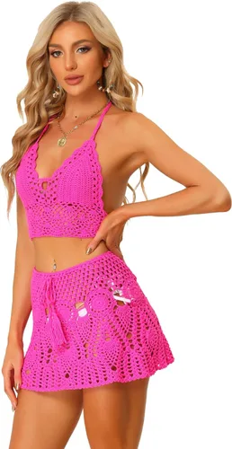 Vista 6 de Allegra K Conjunto de bikini de 2 piezas para mujer, top con huecos, minifalda, verano, playa, conjuntos de punto de ganchillo