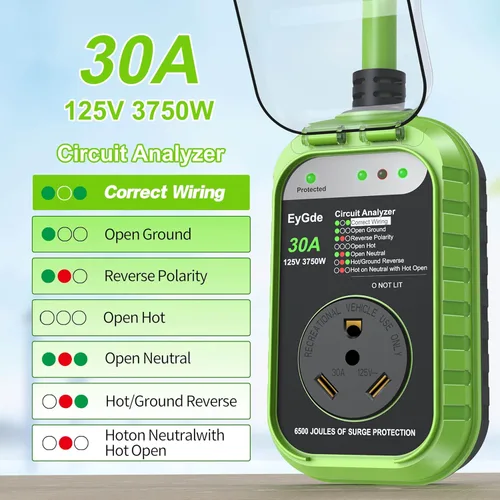 Vista 2 de EyGde Protector de sobretensiones para RV de 30 amperios, analizador de circuito RV con cubierta impermeable, protector de voltaje de potencia