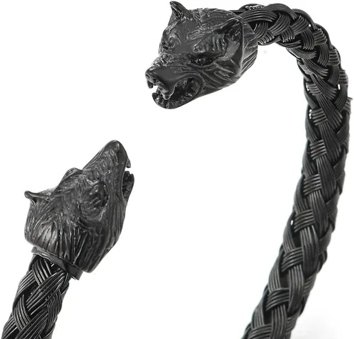 Vista 2 de COOLSTEELANDBEYOND Pulsera de cabeza de lobo para hombre de acero trenzado de acero pulido, ajustable