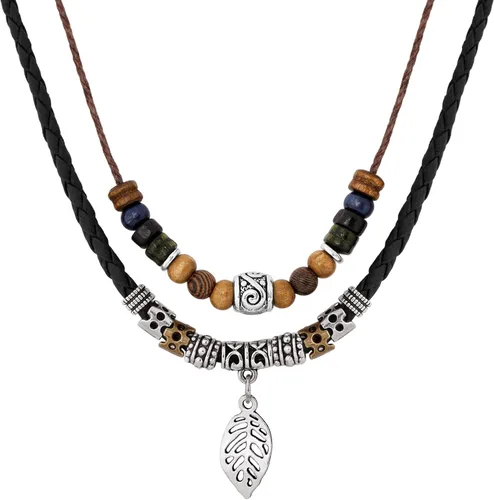 MINACHI Layered Boho Wood Bead Choker Necklace, Hollow Flower Charm, Personality Jewelry for Men and Women