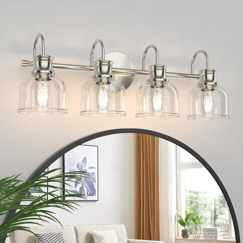 Vista 9 de Lámpara de tocador de baño de 3 luces, níquel cepillado, tradicional, clásica, con vidrio transparente, accesorios de iluminación de baño sobre
