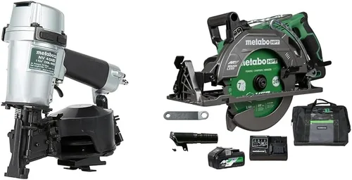 Paquete de clavadora para techos Metabo HPT, clavadoras neumáticas preferidas por profesionales en herramientas para techos, NV45AB2 + Kit de sierra