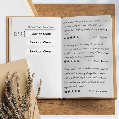 Vista 2 de Freshworld 3-Pack Replace for Dymo D1 Label Tape Clear 1/2'' 45010 Compatible with Dymo Label Maker Refills Black on Clear for Labelmanager 160 210D