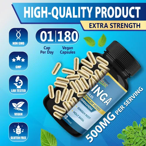 Vista 8 de Cadane Moringa Extract Capsules, suministro de 6 meses con raíz de Ashwagandha, Tulsi, jengibre, cúrcuma - 180 cápsulas