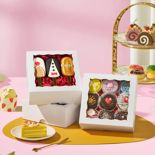 Vista 4 de RomanticBaking 20 piezas cajas de panadería elegantes de 6 x 6 x 2.5 pulgadas con ventana, ideales para galletas, fresas cubiertas de chocolate