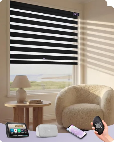 Vista 36 de Graywind Persianas motorizadas de cebra para ventanas, persianas inteligentes 100 % opacas con control remoto, persianas de cebra personalizadas
