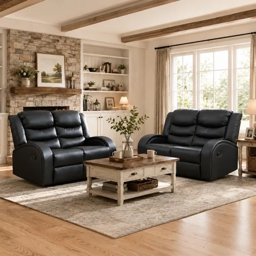Vista 14 de Juego de sofá reclinable manual de 3 piezas, juego de muebles de sala de estar de tela beige con sofá reclinable de 3 asientos, sofá biplaza
