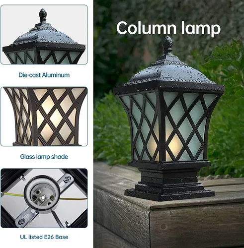 Vista 6 de Luces de columna para exteriores, lámpara de columna moderna de 18.9 ″ IP54 Luz de poste de vidrio impermeable para exteriores E26 Aluminio