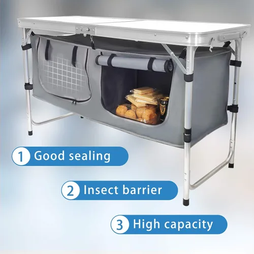 Vista 5 de Mesa de camping plegable con almacenamiento de aluminio ligera, mesa de campamento, altura ajustable, mesas de picnic para exteriores, mesa de playa