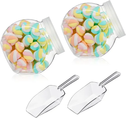 Umigy 2 juegos de tarros de plástico transparente para dulces con tapas y cucharas, tarros de galletas transparentes de 42 onzas para despensa de