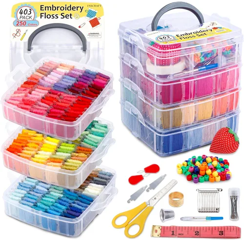 Inscraft Juego de 403 hilos de hilo de bordar, 250 colores de punto de cruz, pulsera de la amistad con 153 herramientas de punto de cruz, caja
