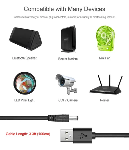 Vista 3 de Cable de alimentación de 5 V CC, cable de carga USB a CC de 0.217 x 0.083 in con 8 conectores adaptadores para altavoz, enrutador, luz LED, lámpara