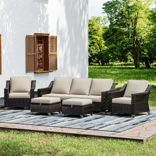 Joyside Juego de muebles de mimbre para patio, 5 piezas mejoradas de gran tamaño para exteriores con sillas de comedor de patio, sofá de 3 asientos