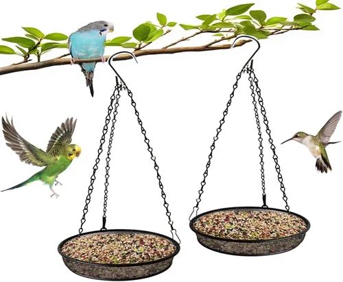 Paquete de 2 comederos para pájaros con plataforma de malla metálica, atrae pájaros, colgando para jardín y patio
