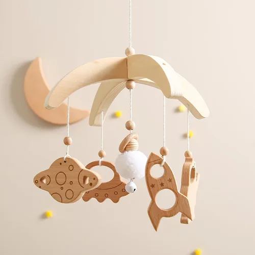 Vista 4 de Space Nursery Mobile - Cuna móvil para bebés - Móvil de madera para bebés - Sistema solar cuna móvil astronauta tema espacial decoración de cama
