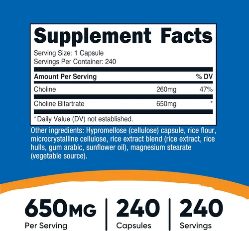 Vista 2 de Nutricost Bitartrato de colina 650 mg, 240 cápsulas vegetarianas - Sin OMG, apto para vegetarianos, sin gluten