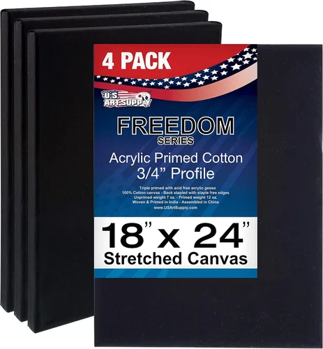 U.S. Art Supply Lienzo negro estirado de 18 x 24 pulgadas, imprimado de 12 onzas, 4 unidades, perfil de calidad profesional de artista de 3/4