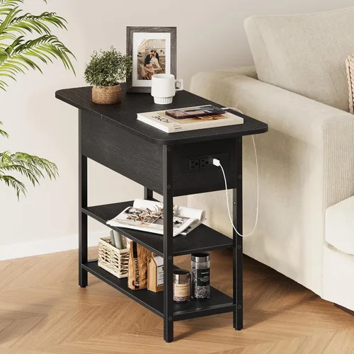 Vista 29 de Yoobure Mesa auxiliar con estación de carga, mesa auxiliar abatible con puertos USB y tomacorrientes, mesa de noche para sala de estar, dormitorio