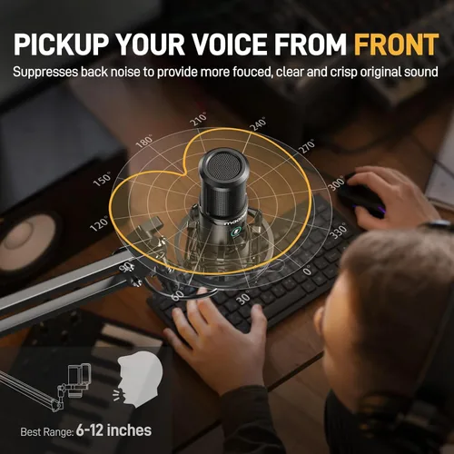 Vista 6 de Kit de micrófono de grabación USB MAONO, micrófono de condensador profesional para PC con silenciamiento táctil y perilla de ganancia de micrófono