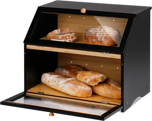 Vista 2 de HOMEKOKO Panera grande de doble capa para encimera de cocina, contenedor de almacenamiento de pan de madera de gran capacidad (negro)