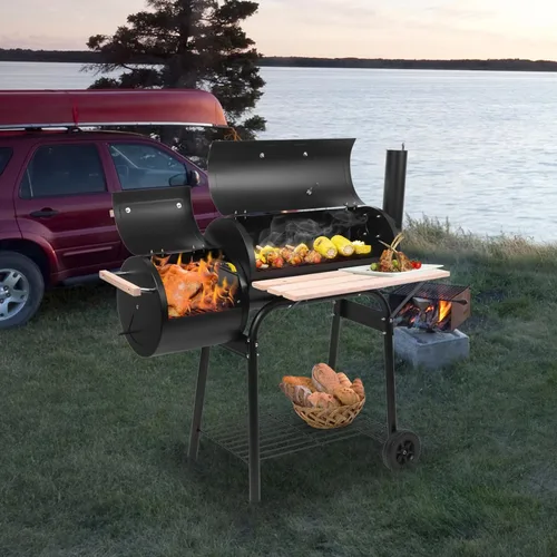 Vista 7 de TOPKEY Parrilla de carbón, parrillas de carbón grandes para barbacoa con quemador lateral, parrilla de barril al aire libre, perfecta