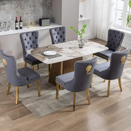 Vista 84 de KCC Juego de 2 sillas de comedor tapizadas de terciopelo, modernas sillas capitoné con botones con anillo de cabeza de león y patas de acero