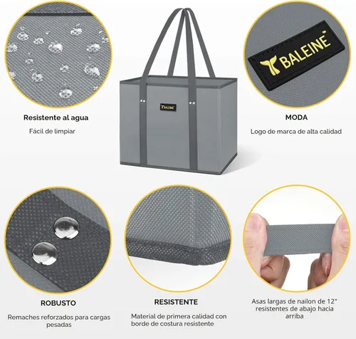 Vista 6 de BALEINE Paquete de 3 bolsas reutilizables para comestibles, bolsas de compras plegables para comestibles con parte inferior reforzada y asas