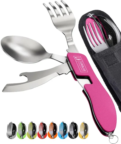 Vista 18 de Orblue Utensilios de campamento 4 en 1, paquete de 1, cuchara portátil de acero inoxidable, tenedor, cuchillo y abridor de botellas