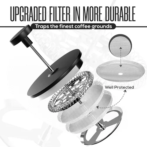 Vista 3 de Utopia Kitchen Cafetera de prensa francesa de acero inoxidable de grado 304, 12 onzas, prensa de café aislada de doble pared con sistema