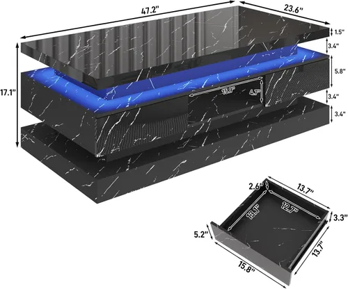 Vista 2 de Mesa auxiliar moderna de 47.2 pulgadas con alto brillo LED y 2 cajones deslizantes, mesas centrales de doble capa con luces LED para muebles de sala