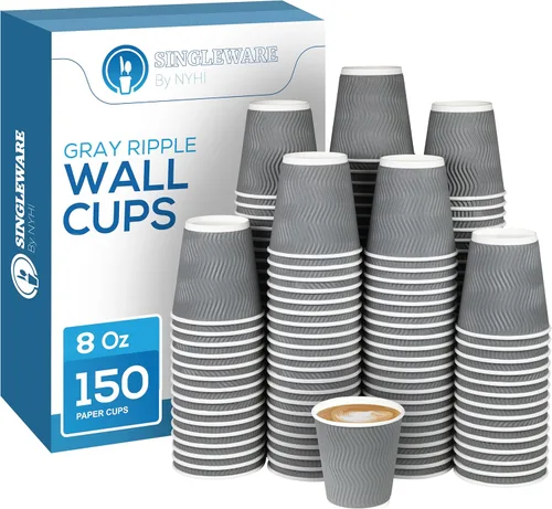 NYHI 150 vasos de papel con aislamiento ondulado, rojo/gris, tazas calientes de café, tazas calientes reciclables de 3 capas para un mejor