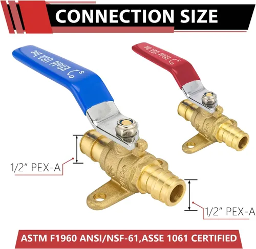 Vista 2 de Paquete de 2 EFIELD Válvula de bola de latón de cierre completo de puerto completo de expansión de Pex A de 1/2 pulgada con oreja caída, rojo