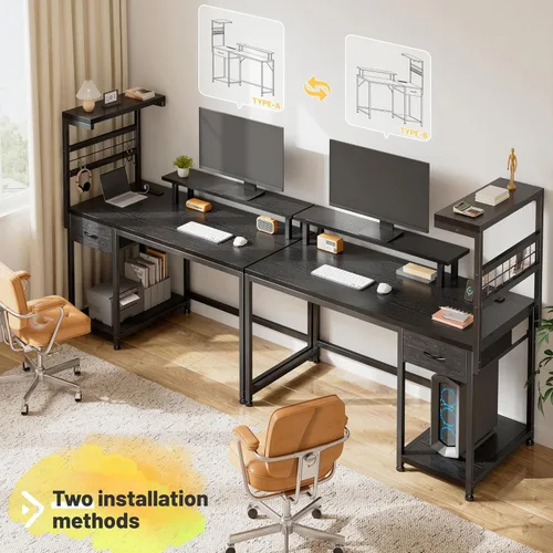 Vista 8 de EnHomee Escritorio para juegos de 40 pulgadas con tomas de corriente y luces LED, escritorio para computadora con cajón y estante de almacenamiento