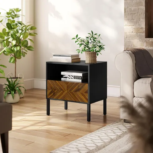 Vista 13 de Bme Lyra Mesita de noche, mesa auxiliar de madera maciza, fácil montaje, con 2 cajones de almacenamiento para sala de estar y dormitorio, moderna