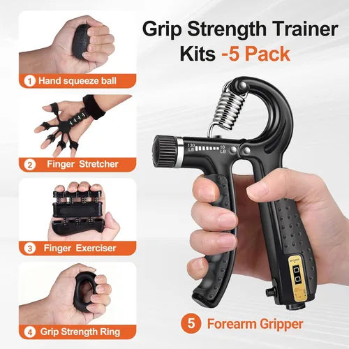 Vista 2 de Grip Strength Trainer Kit (5 Pack) Adjustable Resistance Hand Gripper,Finger Exerciser,Hand Extension Exerciser,Stress Relief Ball and Forearm