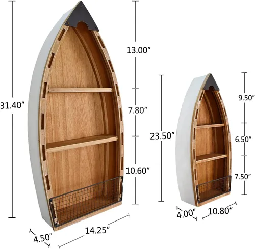 Vista 3 de Juego de 2 estantes de madera para barco, decoración de pie, canoa náutica para colgar en la pared para playa, baño, sala de estar, bebé, cuarto
