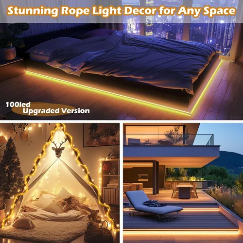 Vista 2 de Luces de cuerda solares impermeables de 39 pies, 100 LED, batería recargable de alta capacidad, carga dual, luz de cuerda para exteriores, control